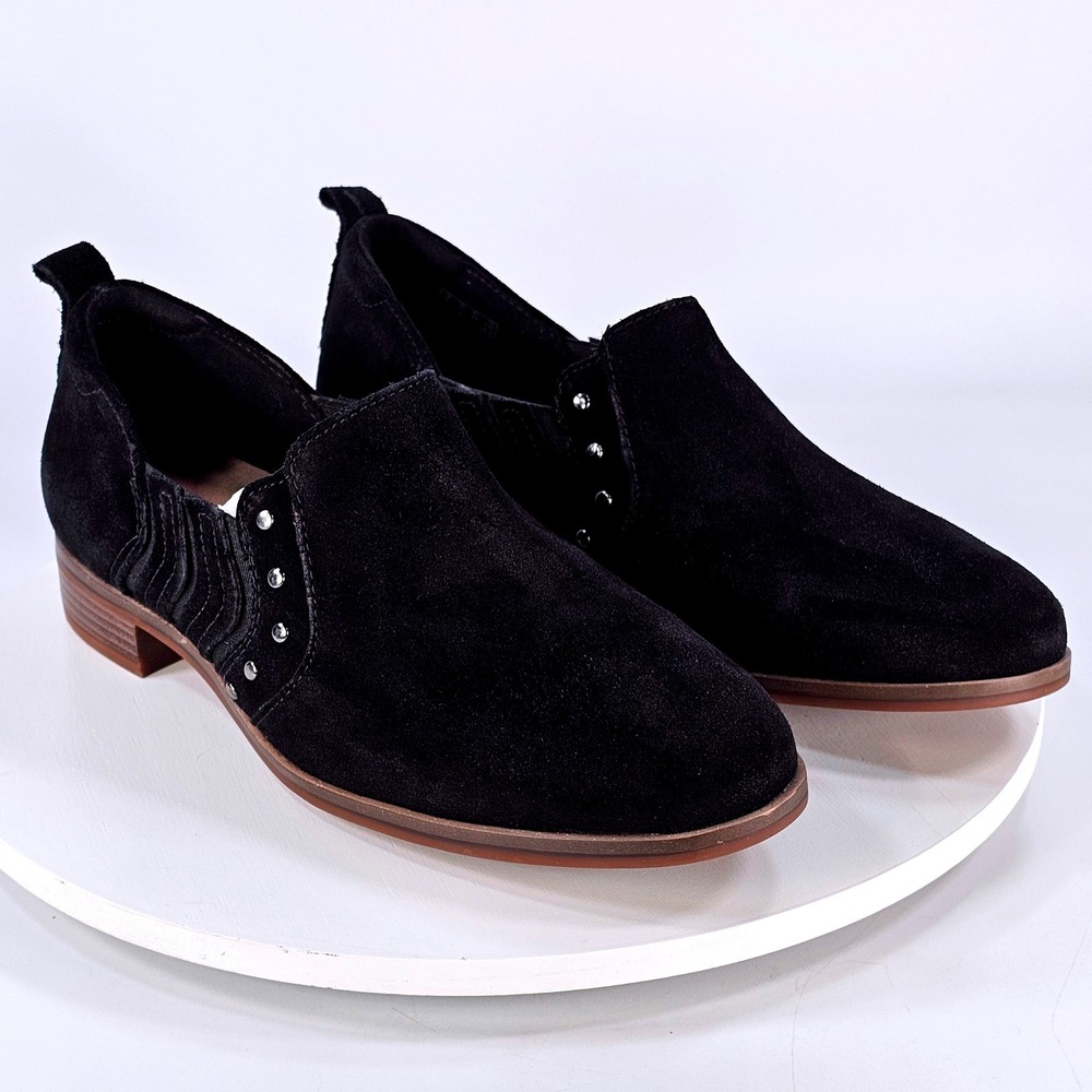 Clarks Trish Bell Black Suede Studded Loafers Shoes Womens 7.5 W Wide New